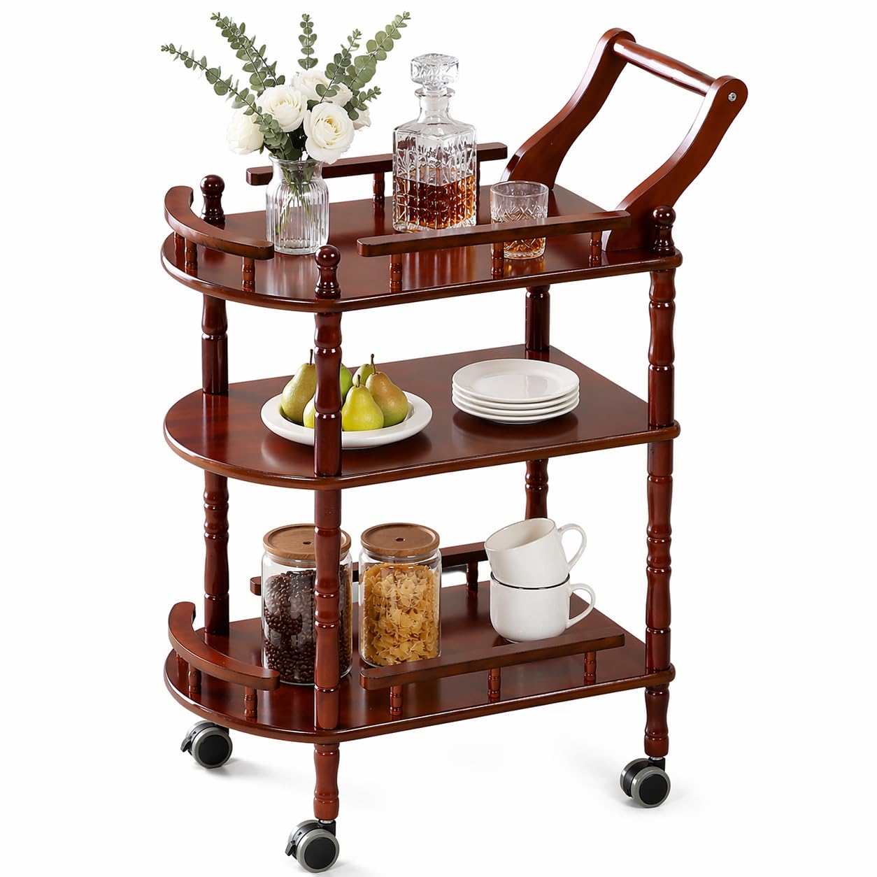 Carrello da cucina di intrattenimento, carrello da bar mobile a 3 livelli in legno di gomma importato moderno Midcentury in legno finito marrone