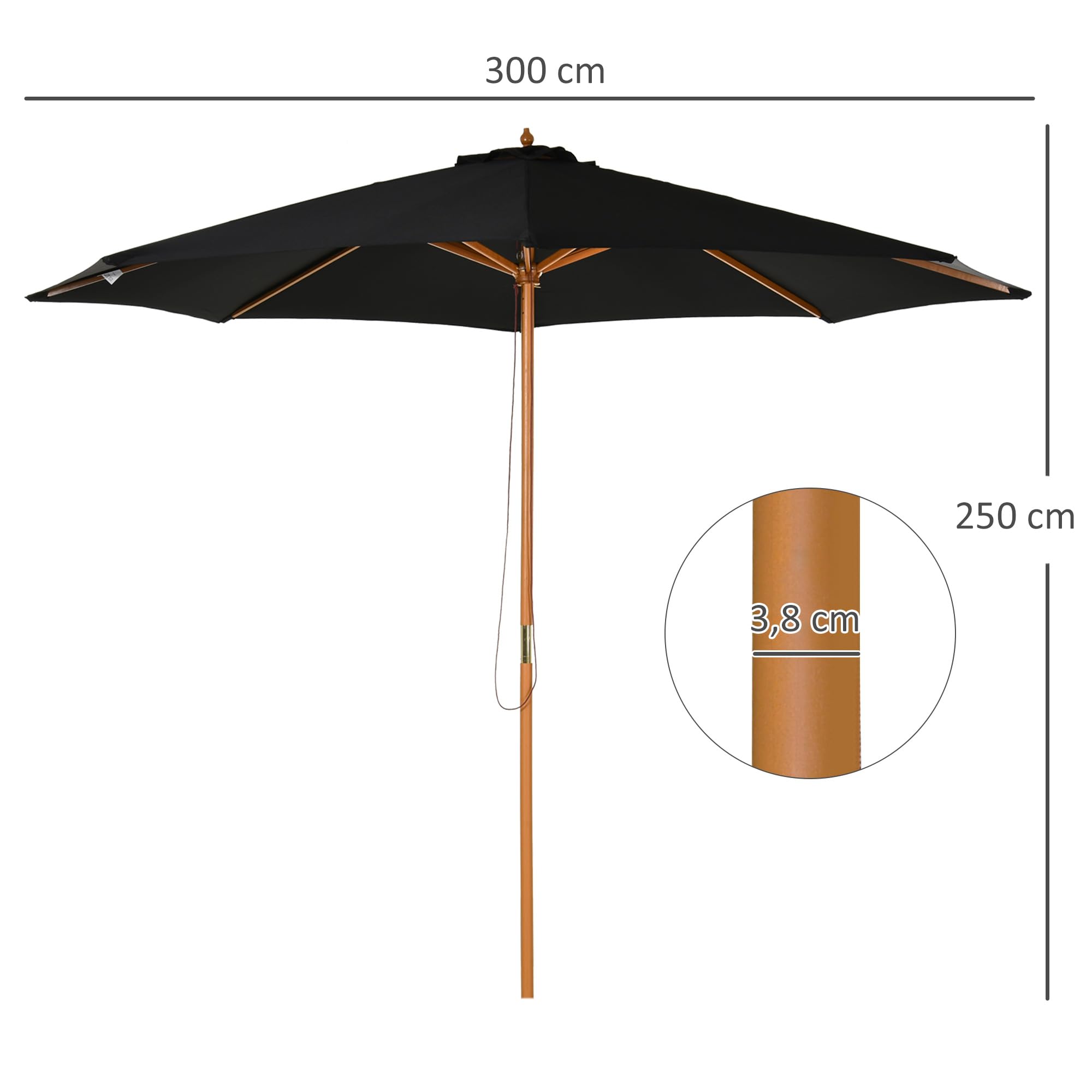 Outsunny Sombrilla Terraza Exterior Ø300 cm con Sistema de Polea | Sombrilla de Jardín, Techo Ventilado, Poste Desmontable de Madera, Parasol para Patio Terraza