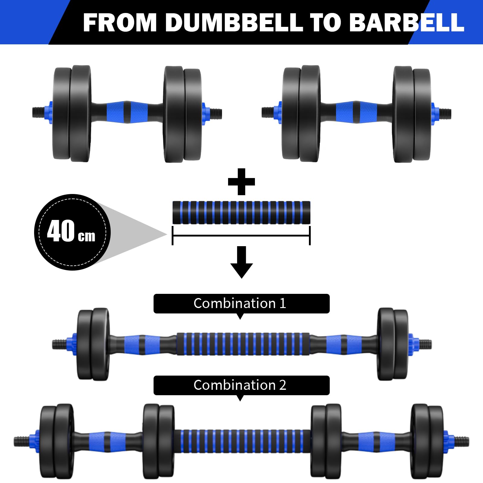 Set di manubri corti, 2 in 1, 10/15/20/30 kg, per uomini e bilancieri regolabili, tubo di collegamento multifunzione, per allenamento di forza