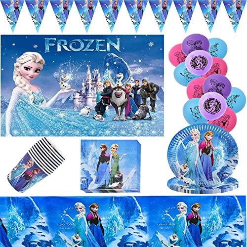 Runup Decoraciones para fiestas de cumpleaños de Frozen, 55 piezas para fiestas de cumpleaños de niños que incluyen fondo fotográfico de Frozen, globos, platos, vasos, servilletas, mantel y pancartas