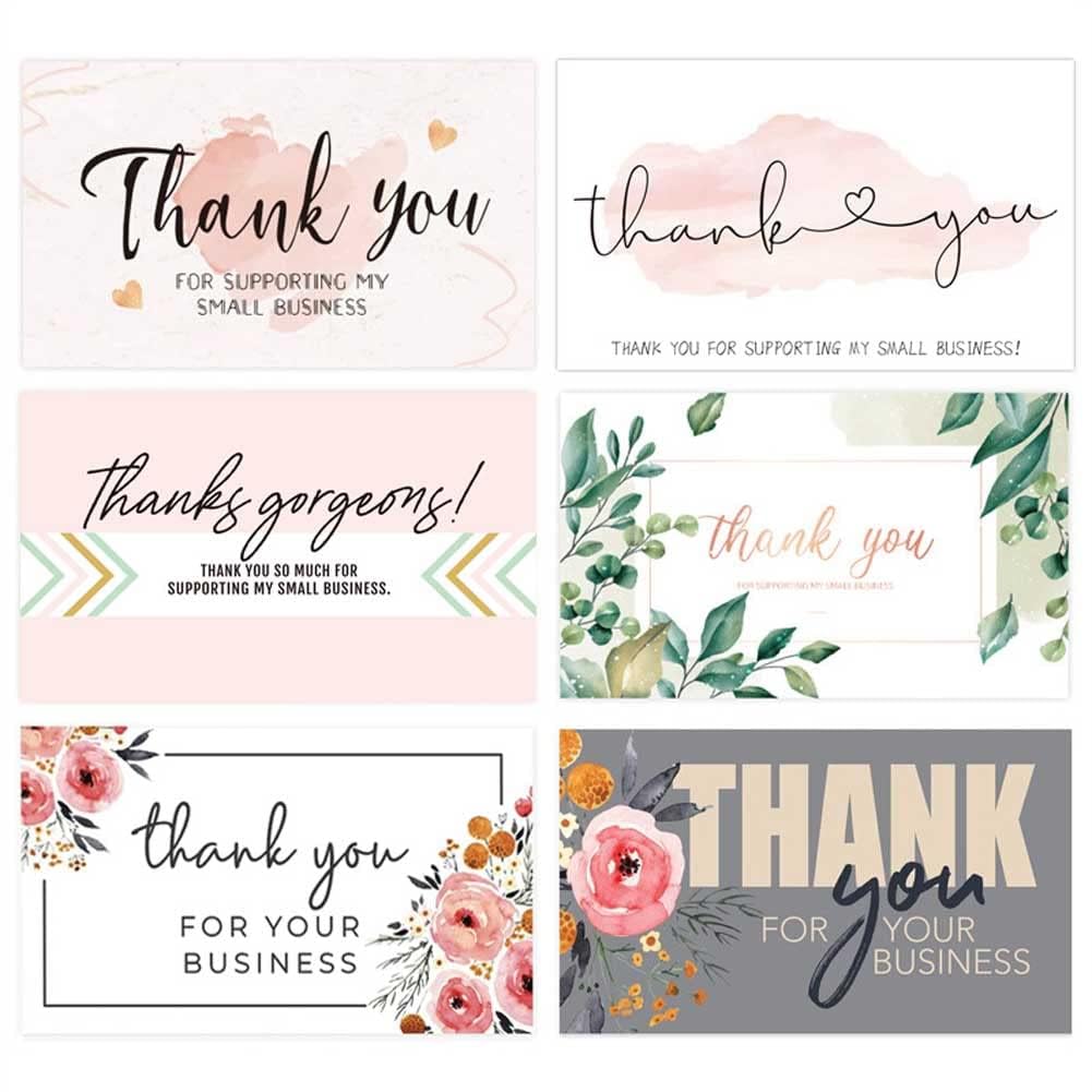 180Pcs Thank You for Your Support Business Cards, Colorful Thanks Greeting Cards with Flower Designs, Idear for Online Shop Retail Store Customer Package Inserts, 2x3.5 Inch, Waterproof Kraft Paper