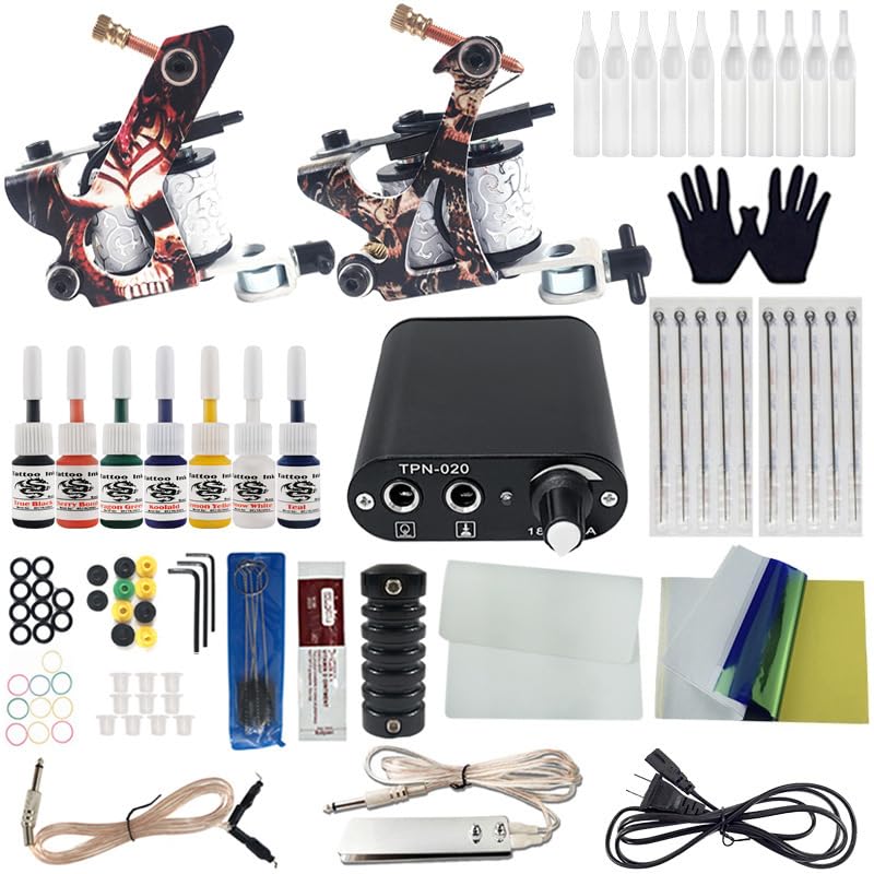 Tattoo Kit for Beginners Coil Tattoo Machine Kit Dual Liner Shader Set with Power Supply 7 Colors Foot Pedal Practice Tools for Lining Shading Starter Artists