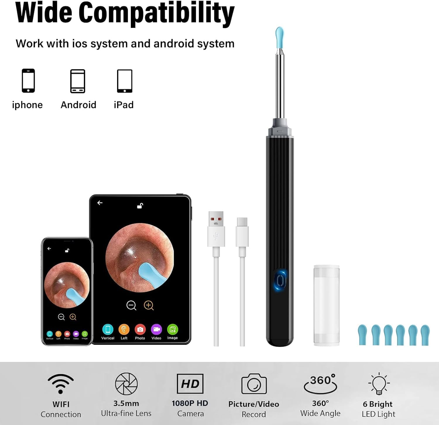 Otoscope Oreille avec caméra 1080P HD 3,5 mm étanche 6 Lumières LED pour Smartphones et Tablettes IOS Android Noir