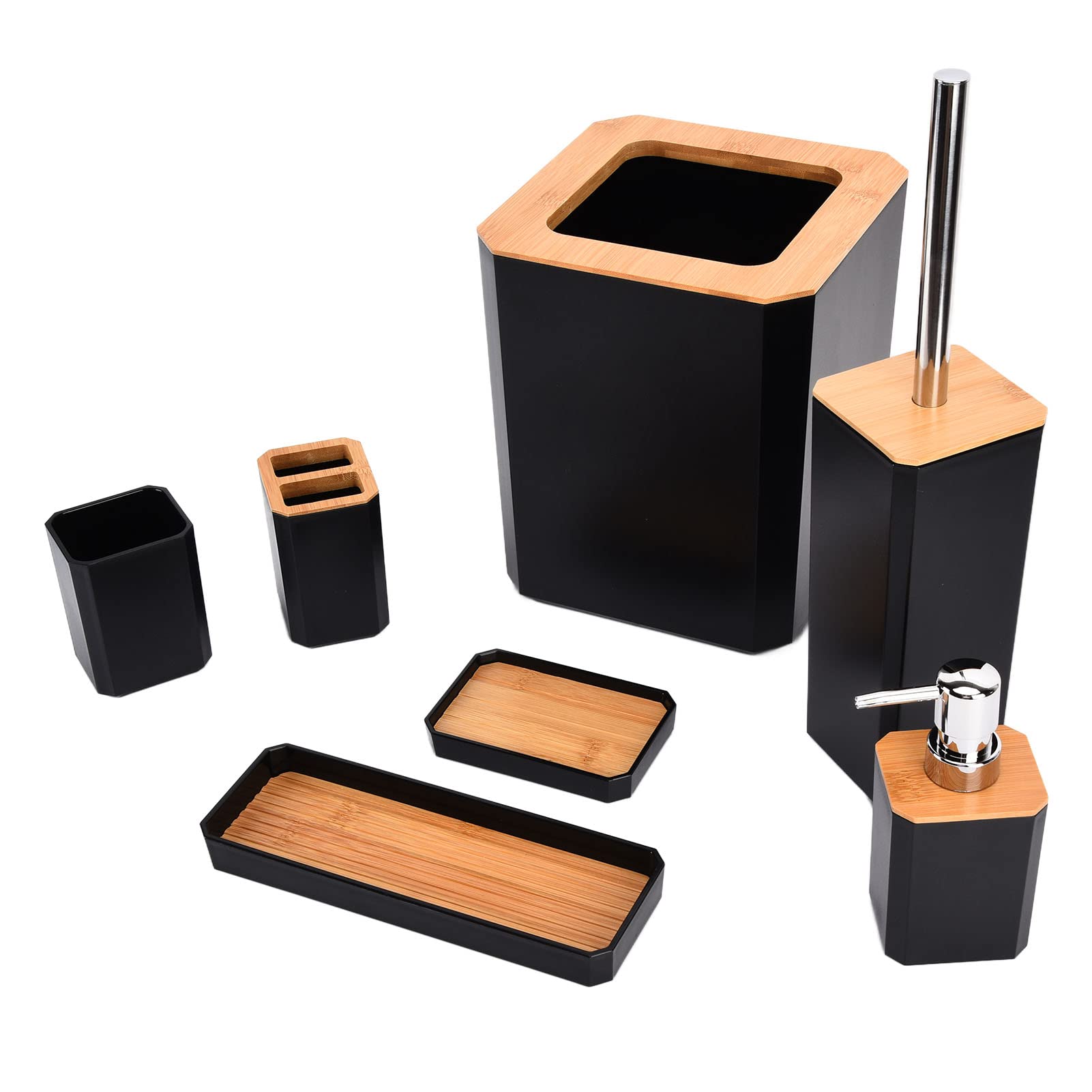 Cocoarm Set di Accessori da Bagno in bambù Set da Bagno da 7 Pezzi con Portasapone in ABS Portaspazzolino Scopino per WC Vassoio per Pattumiera per Casa Hotel Appartamento degli Ospiti (BLACK)