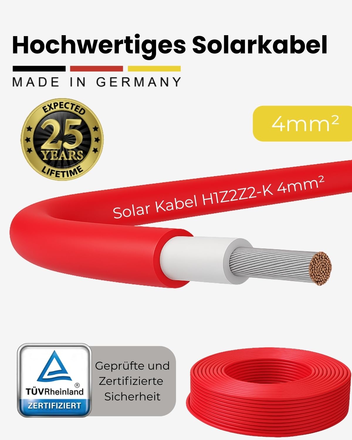 Premium Solarkabel 4mm² – TÜV Rheinland geprüft – UV-beständig & flexibel – Photovoltaik Kabel für Solaranlagen, Solarpanel & Wechselrichter – Made in Germany (Rot, 100m)