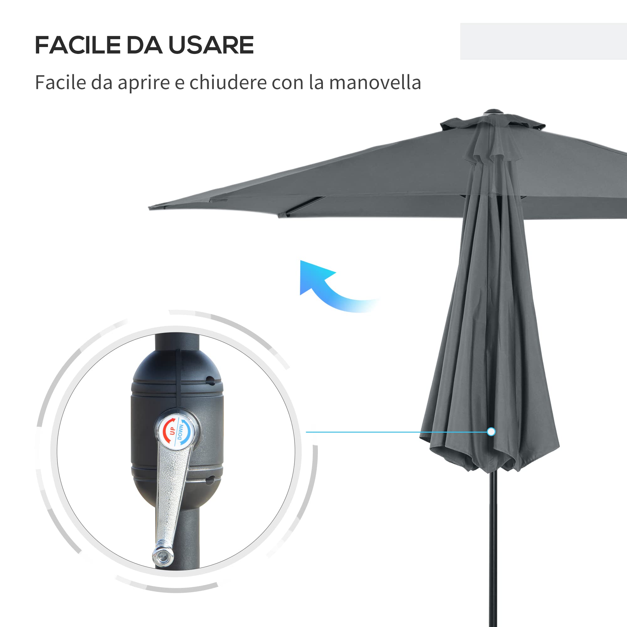 Outsunny Ombrellone da Esterni Inclinabile a 8 Stecche con Manovella, Ombrellone da Giardino in Metallo e Poliestere, Ø295x250 cm