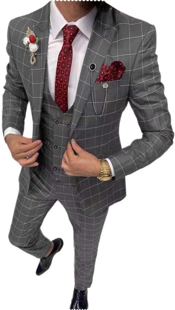 Men's Suit Slim Fit 3 Piece Plaid Suits for Men Checked Tuxedo Suit Men Formal Plaid Blazer Vest Pants Set