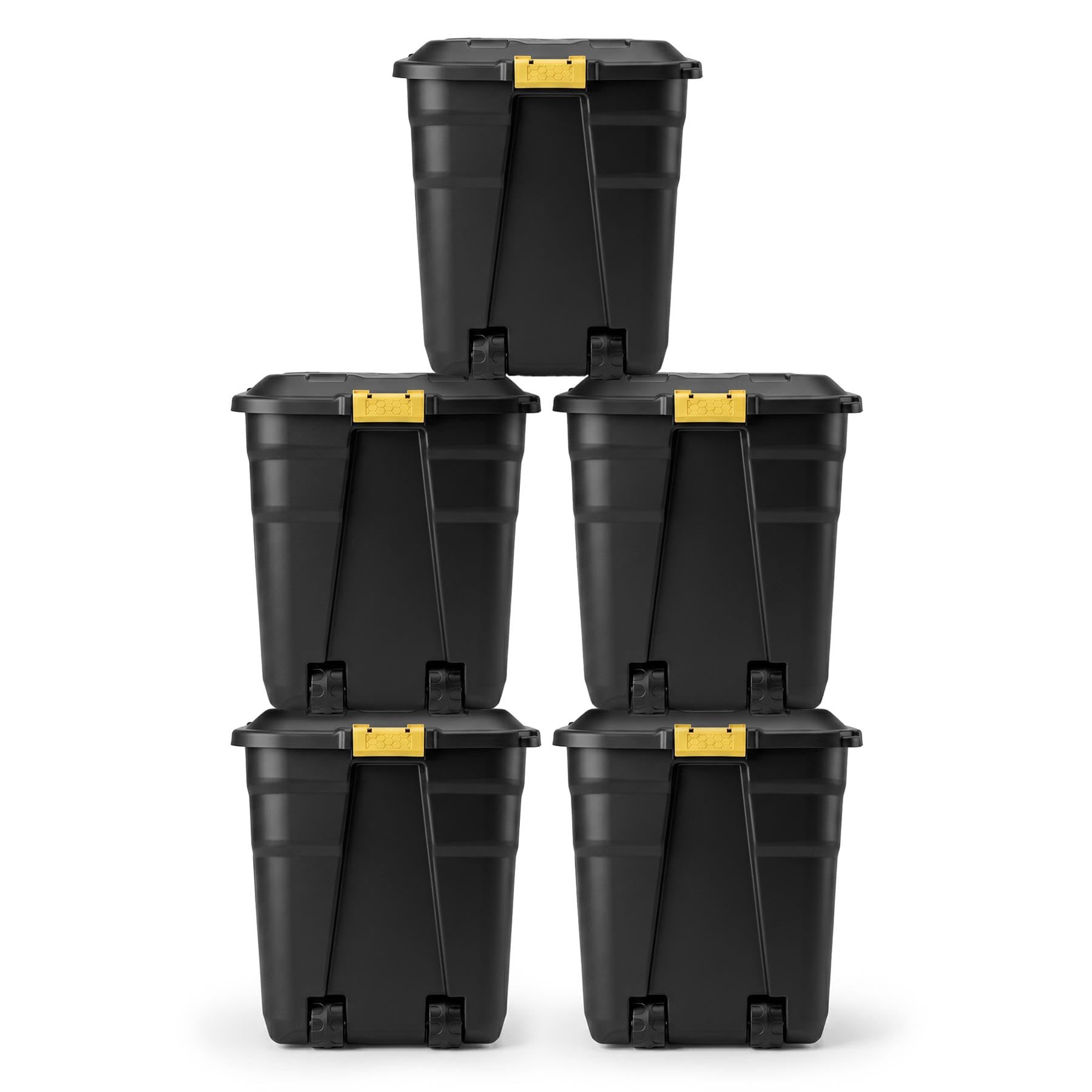 NOVECRAFTO 190L Extra Large Storage Box on Wheels with Lid 5 Pack – Heavy-Duty Storage Box with Clip-Lock Handles, Padlockable, Stackable & Weather-Resistant – Garage, Shed & Outdoor (Black)