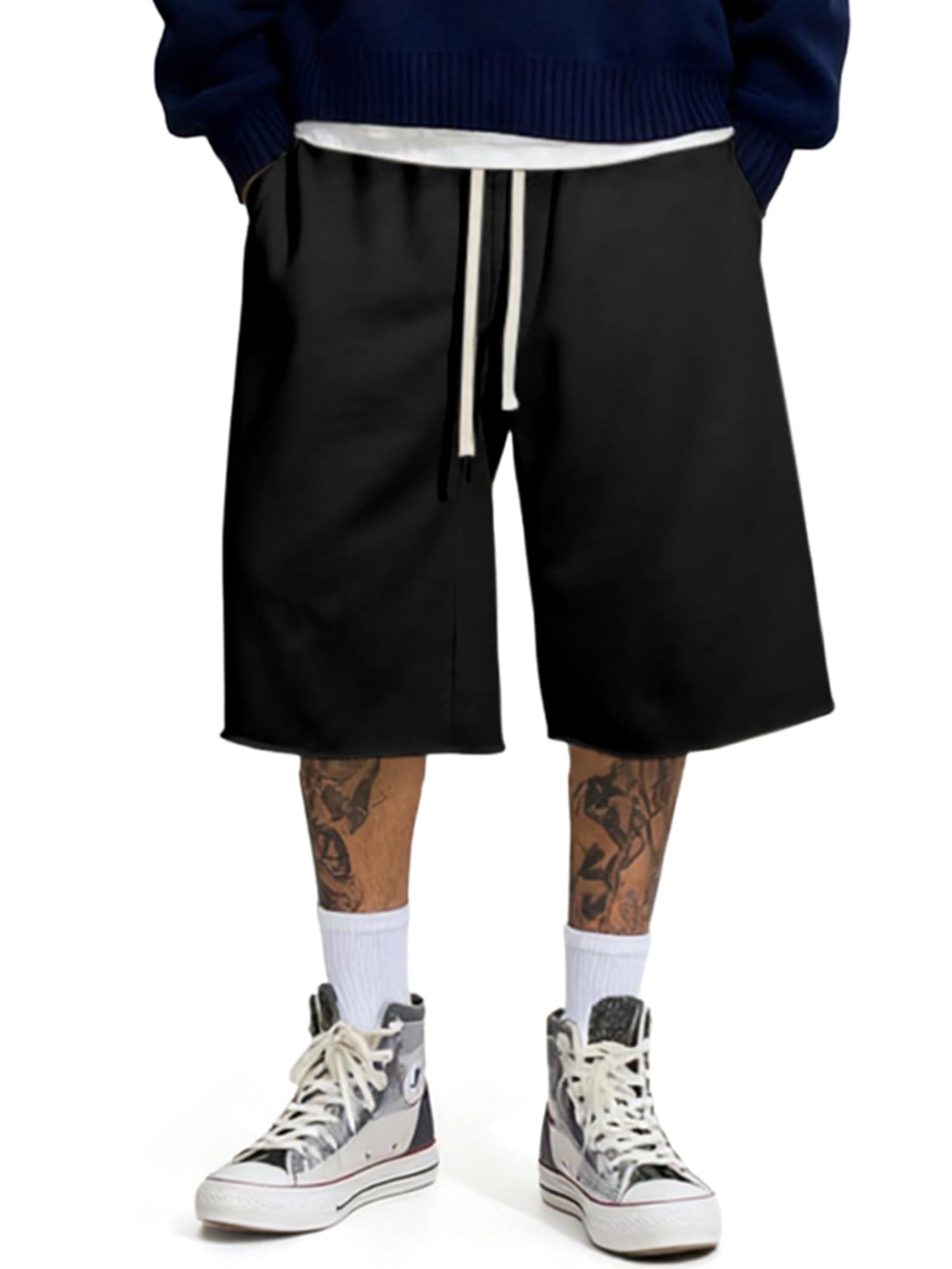 JMIERR 2026 Mens Baggy Sweat Shorts Lightweight Under Knee Casual Raw Hem Drawstring Y2K Shorts Loose Fit Gym