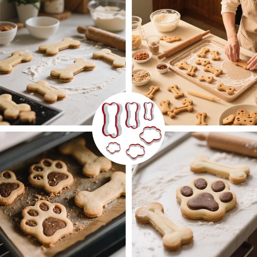 Dog Treats Cookie Cutter Set 6Pcs - Dog Bone & Paw Shapes, Stainless Steel Biscuit Mold with Soft PVC Cover, Assorted Sizes - Image 4