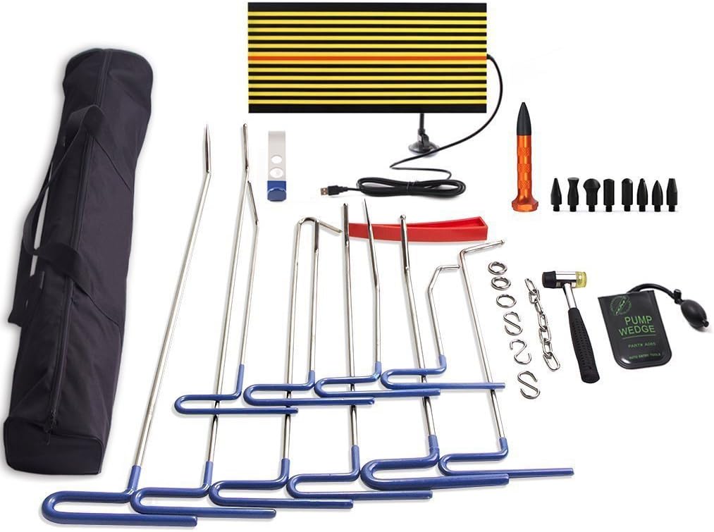 PDR Tools,32 Pcs PDR Rods Kit Set Paintless Dent Repair Rods LED Line Board Air Pump Wedge Body Hammer Tap Down for Car Dent Repair