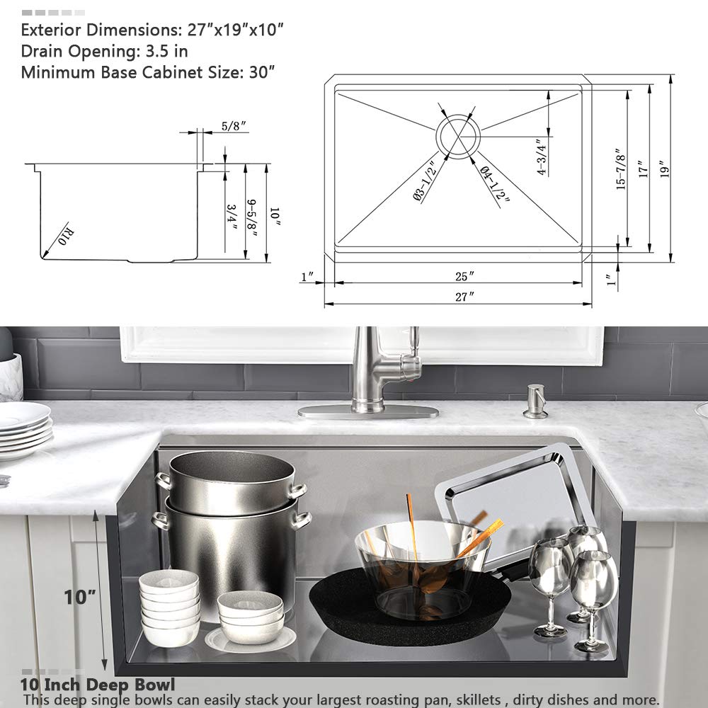 27 Inch Kitchen Sink Undermount VASOYO 27x19 Inch Undermount