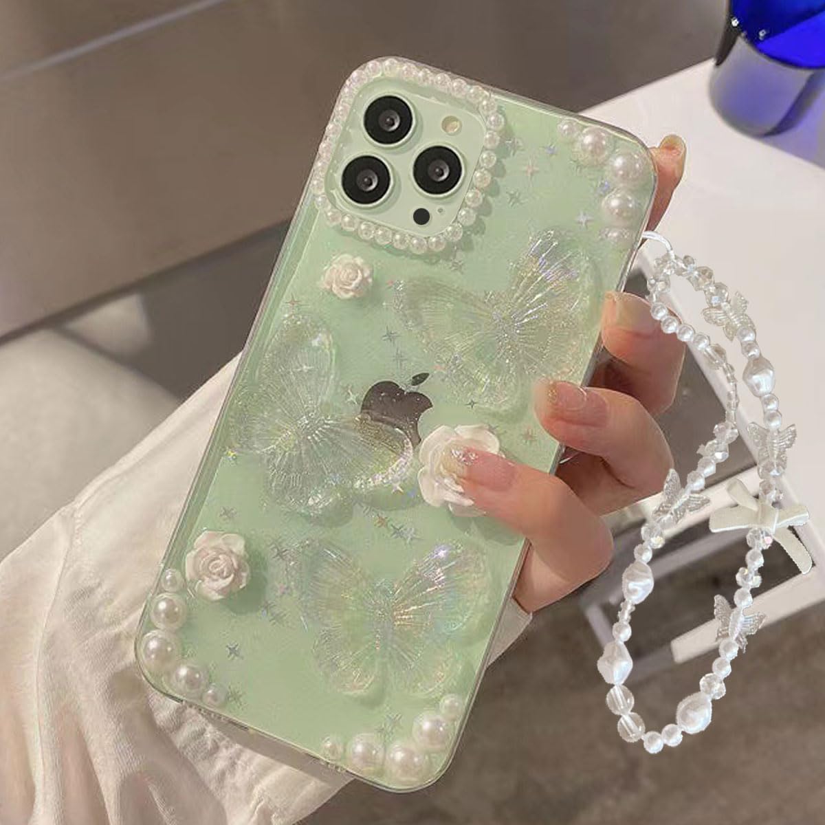 for iPhone 17 Pro Max Clear Glitter Case, Cute 3D Butterfly Floral Flowers Crystal Pearl Bling Sparkle with Wrist Strap Soft TPU Aesthetic Women Girls Phone Case for iPhone 17 Pro Max, Clear - Image 9