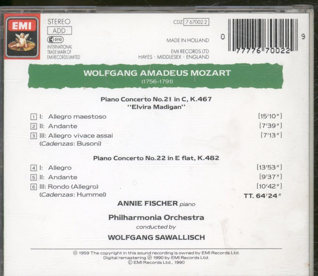 Piano Concerti 21 & 22 [Audio CD] Mozart; Sawallisch and Fischer, Annie