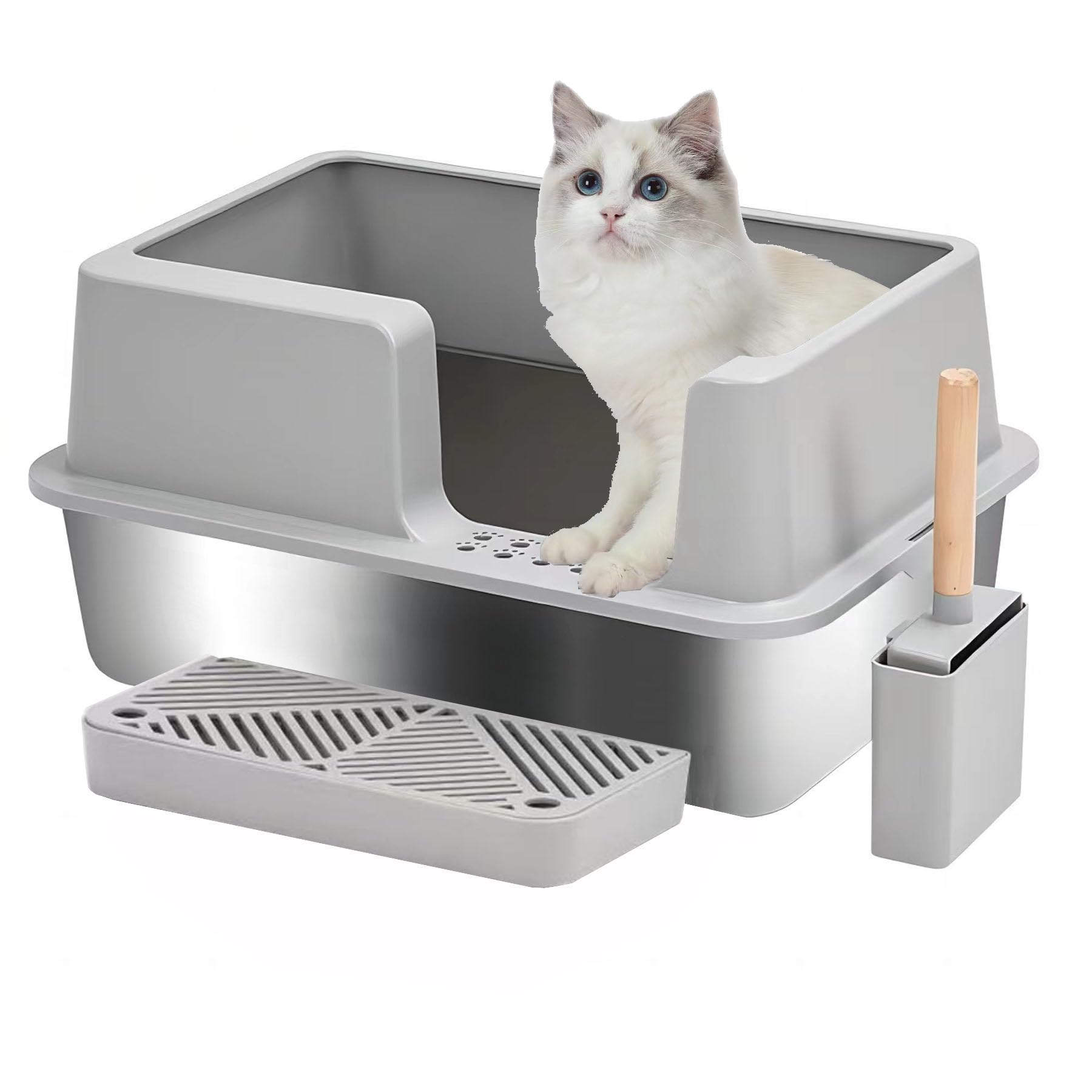 2 Sets of KUNWU Stainless Steel Cat Litter Box with Enclosure Lid, Scoop and Step, XL 24