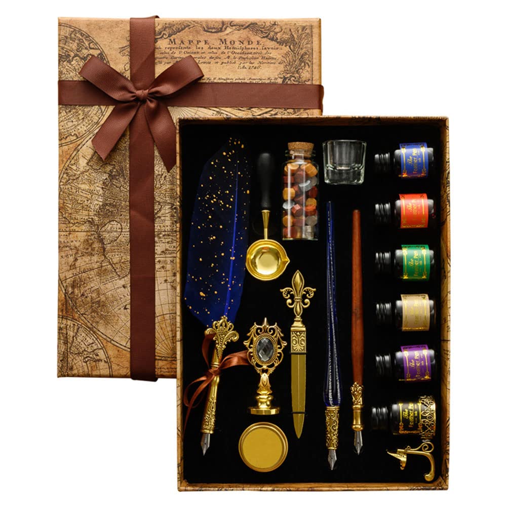 JAWSEU Stylo Dip à Plume Set, Plume Ecriture Stylo Calligraphie Plume à Encre Set avec 6pcs Encre, Stylo à Encre Rétro pour Signatures,Dessin,Ecriture,Décoration Et Cadeau