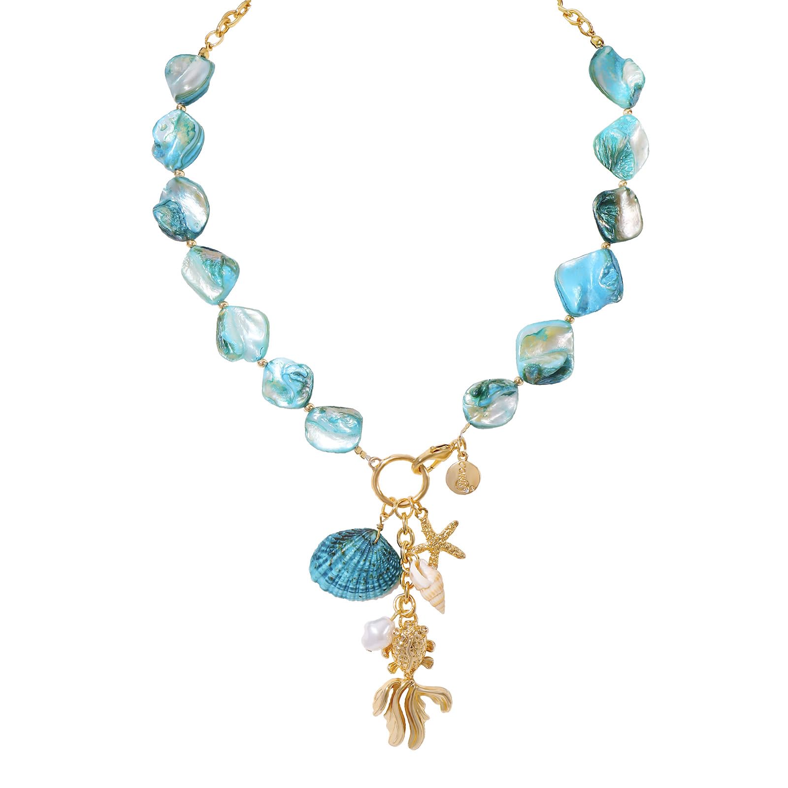 Coiris Natural Seashell Choker Necklaces Earrings Jewelry Set for Women Starfish Shell Freshwater Pearl Collar Necklaces for Women Irregular Mother of Pearl Jewelry Set