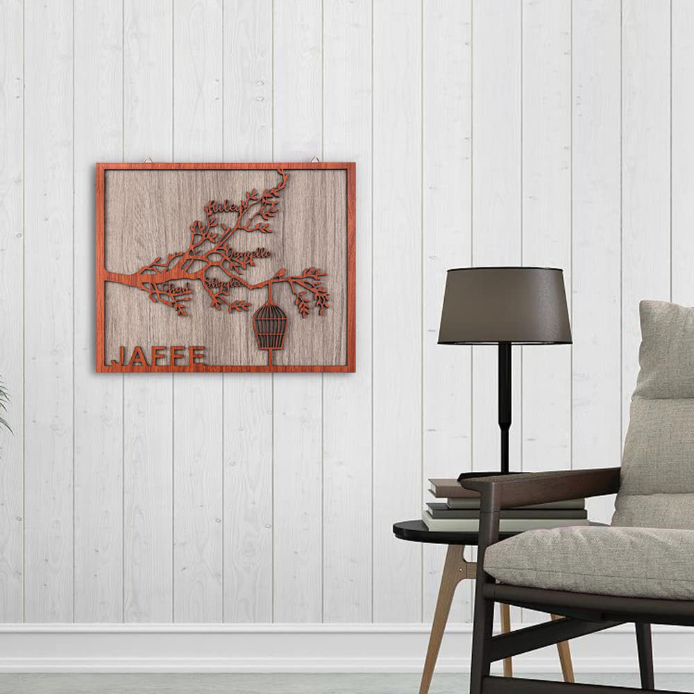 Cartel de madera de árbol familiar personalizado, carteles de pared con nombre de familia personalizado, rama de árbol con jaula, inauguración de la casa, regalo de boda, decoración de arte de pared