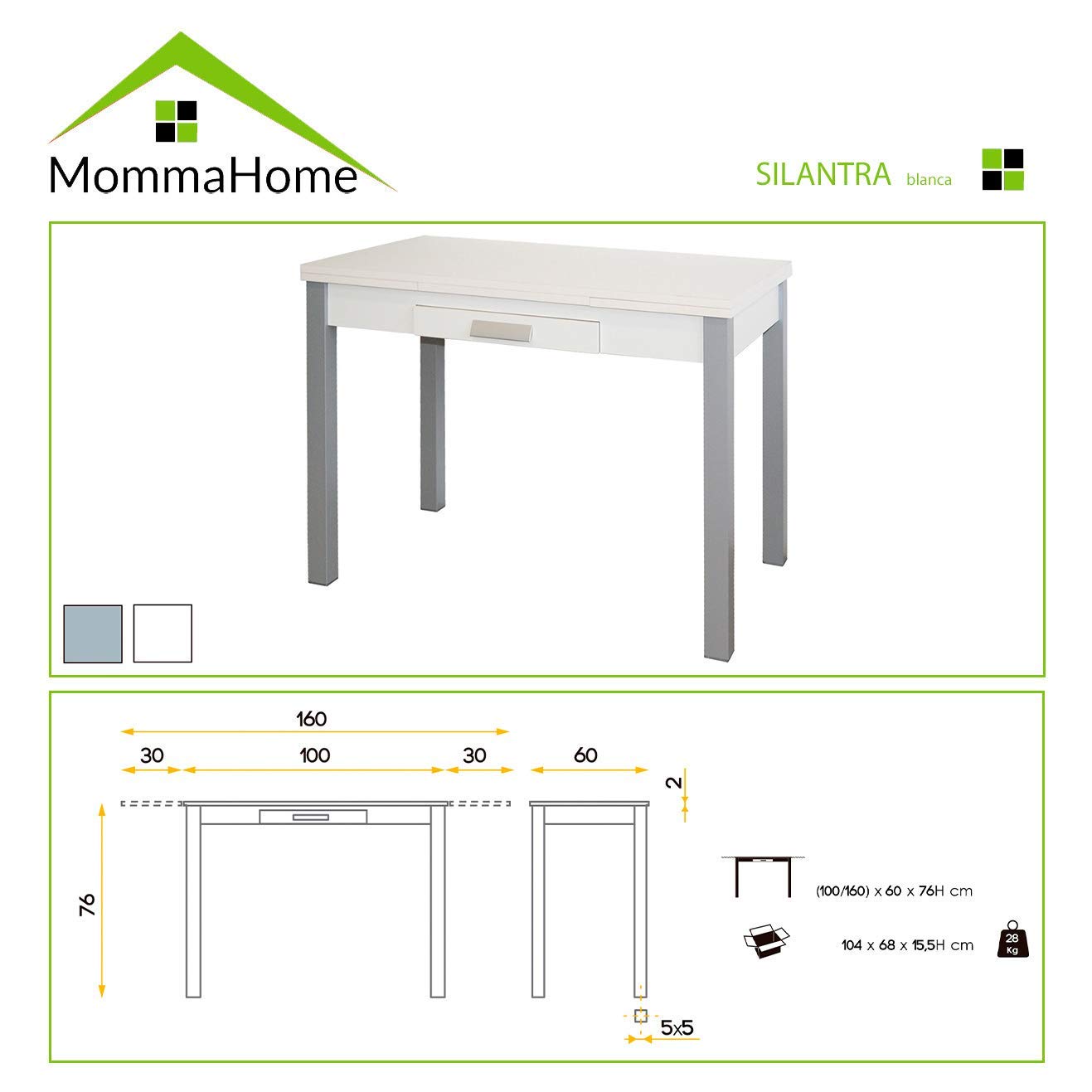 MOMMA HOME - Tavolo da Cucina Allungabile - Modello Silanta - Bianco - Dimensioni 100/160 x 60 x 76 cm - Materiale in Legno Laminato MDF e Struttura in Metallo
