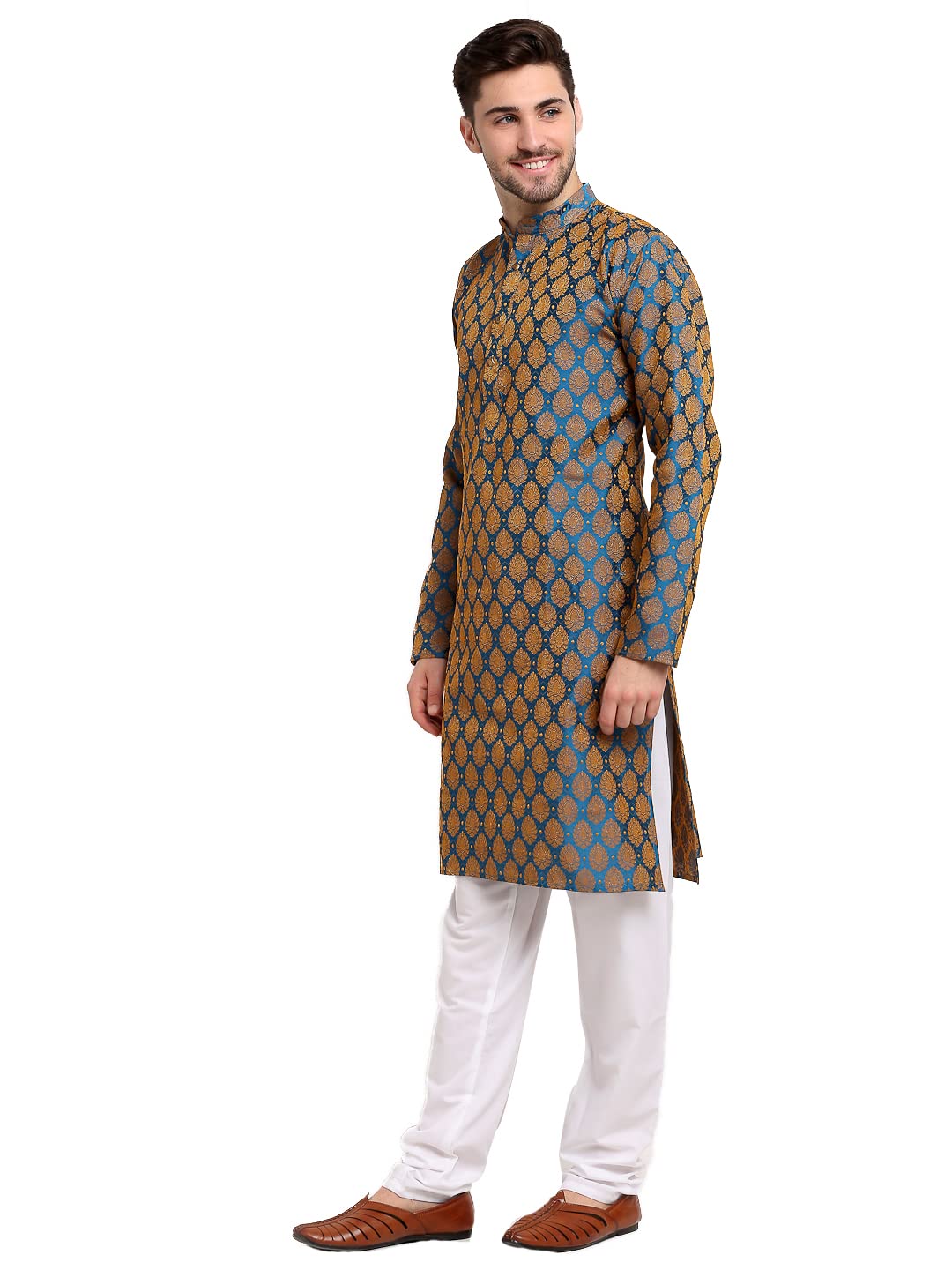 Jompers Men Green Jacquard Woven Design Kurta Pyjama. (Blue, M)