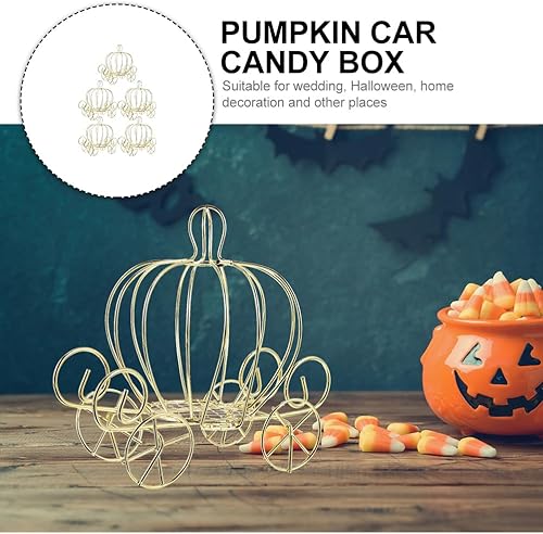 Miniatura 4 de Veemoon 6 piezas de caja de dulces de calabaza, centro de mesa, decoración de carro de carro de calabaza de princesa de alambre dorado, exhibición