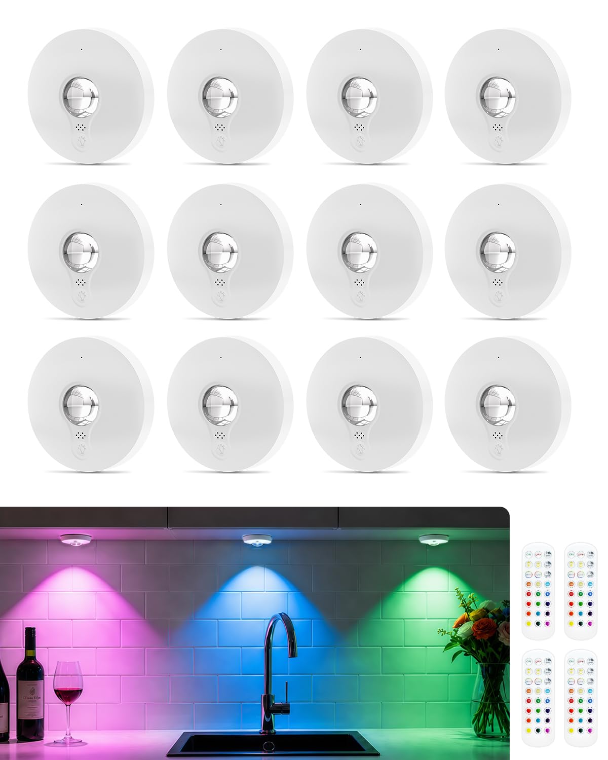 WUYOR RGB Puck Lights with Remote Control, Rechargeable Under Cabinet Kitchen Lights Indoor, Dimmer & Timer Under Cabinet Lighting, Wireless LED Stick-On Cupboard Lamp for Closet, Bedroom - 12 Pack