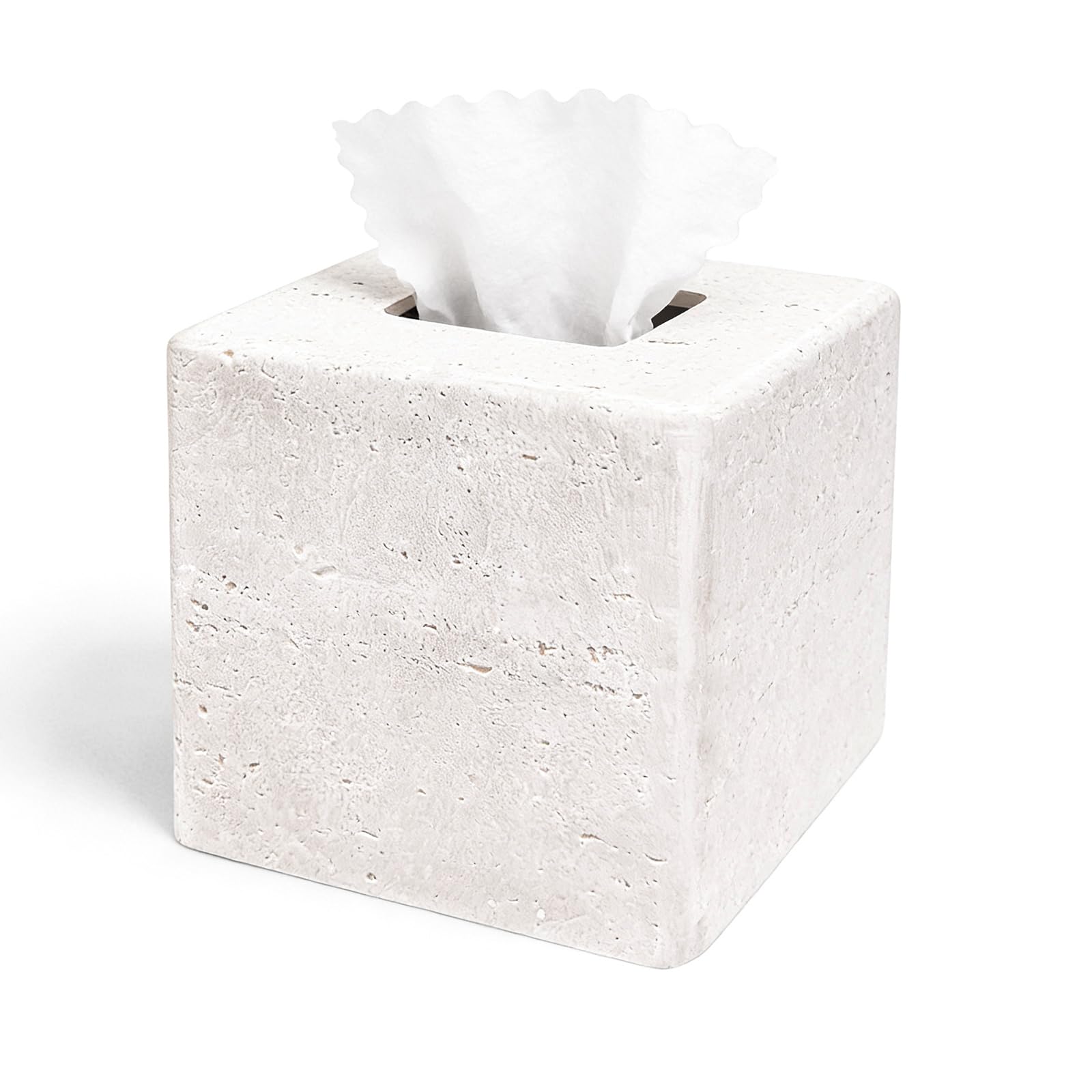 Photo 1 of Decorative Square Tissue Box Cover – White Resin Tissue Holder for Bathroom, Bedroom, Countertop, Modern Stone-Look Tissue Box