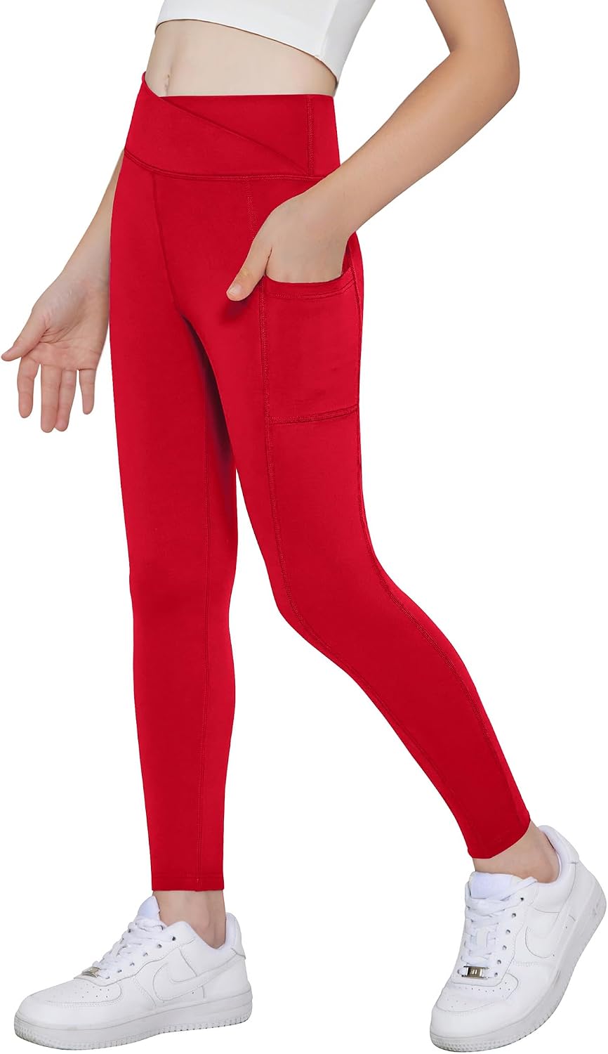 Arshiner Girls Athletic Leggings with Pockets Kids Crossover High Waisted Dance Workout Running Yoga Pants