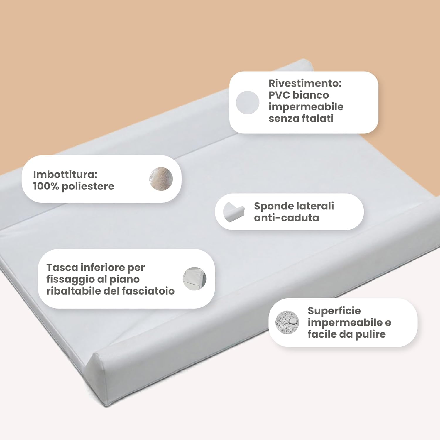PALLA PALLINA Materassino Fasciatoio Per Cassettiera Con Sponde AntiCaduta 80X9X48 Cm Materasso Fasciatoio Neonato 100% PVC Impermeabile Lavabile PRODOTTO IN ITALIA (STELLINA TORTORA)