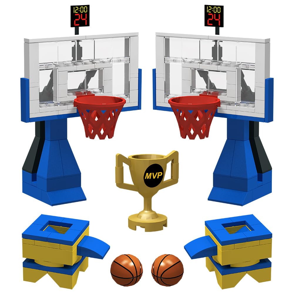 Bloques de Construcción Creativos - Cancha de Baloncesto placa base y 2 sets Canasta Baloncesto con Soporte Ladrillos de partido de baloncesto - Compatible con las principales marcas (Azul)