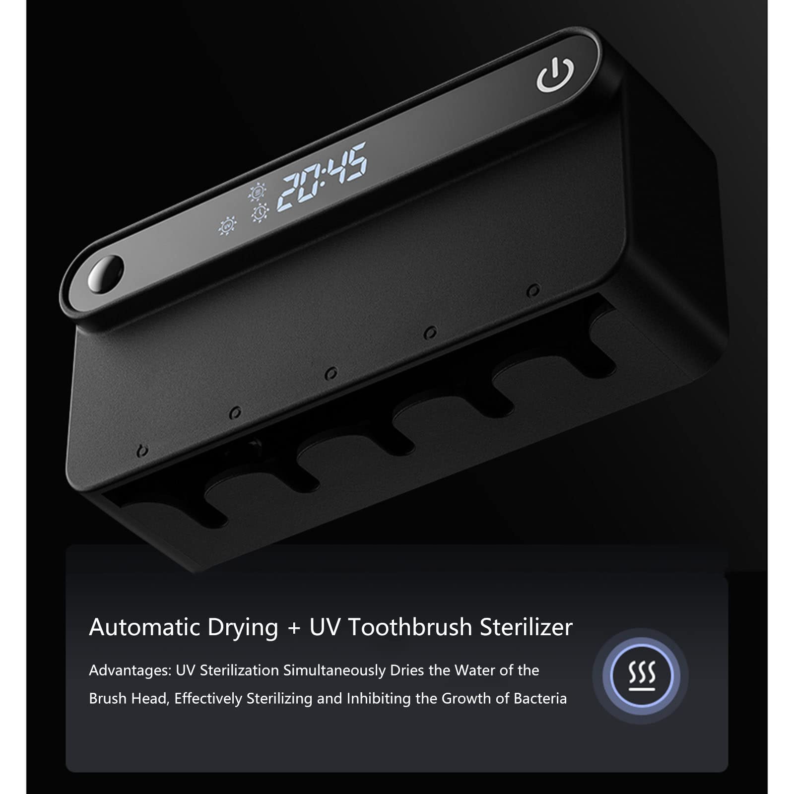 Esterilizador para cepillo de dientes con 5 soportes para cepillos de dientes y visualización de tiempo, recargable por USB, estuche desinfectante portátil montado en la pared para viajes y uso