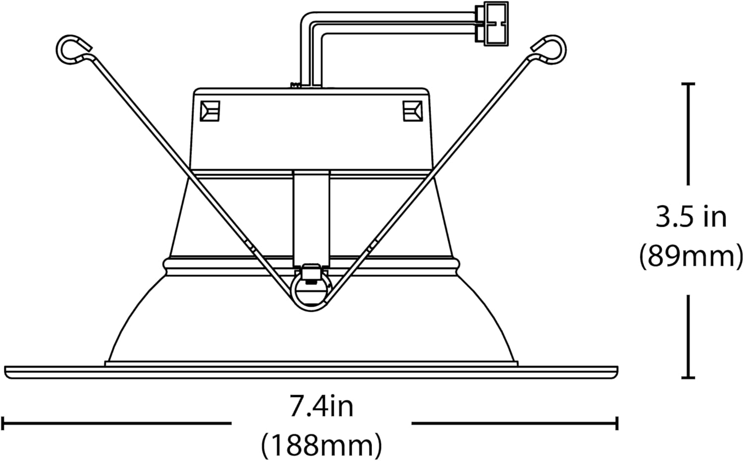 Diagram showing the dimensions of the DLR56 recessed downlight, with a diameter of 7.4 inches (188mm) and a height of 3.5 inches (89mm).
