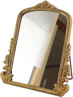 HSDDHOME Vintage Gold Framed Vanity Makeup Mirror - Antique Arched Standing Desk Mirror 11.8x9.6in for Bedroom Dresser Tabletop