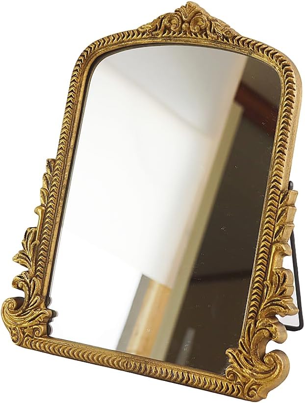 HSDDHOME Vintage Vanity Makeup Desk Mirror，Antique Traditional Chic Arch Table Mirror Gold，Decor Wood Framed Small Standing Carved Arendahl Mirror for Living Room,Bedroom,Tabletop 11.8" x 9.6"