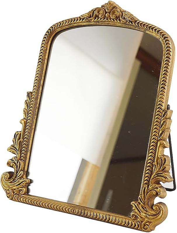 Espelho de mesa para maquiagem HSDDHOME com moldura de madeira dourada, formato arqueado, 30 x 24,5 cm