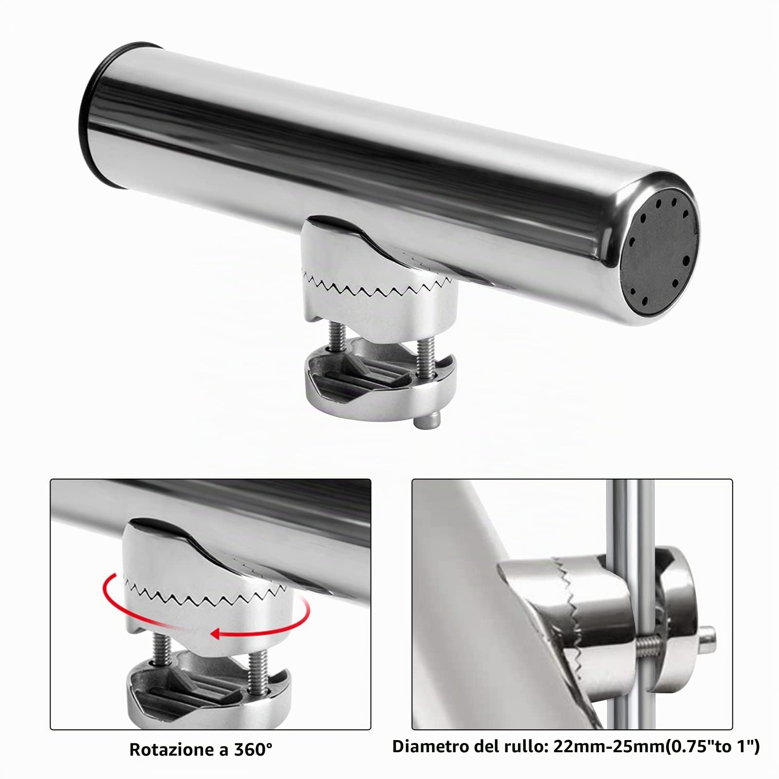 FreeTec 2 Portacanne da Pesca con Staffa di Montaggio a Morsetto in Acciaio Inox per Fissaggio su Aste per Barca, da 22 mm a 26 mm