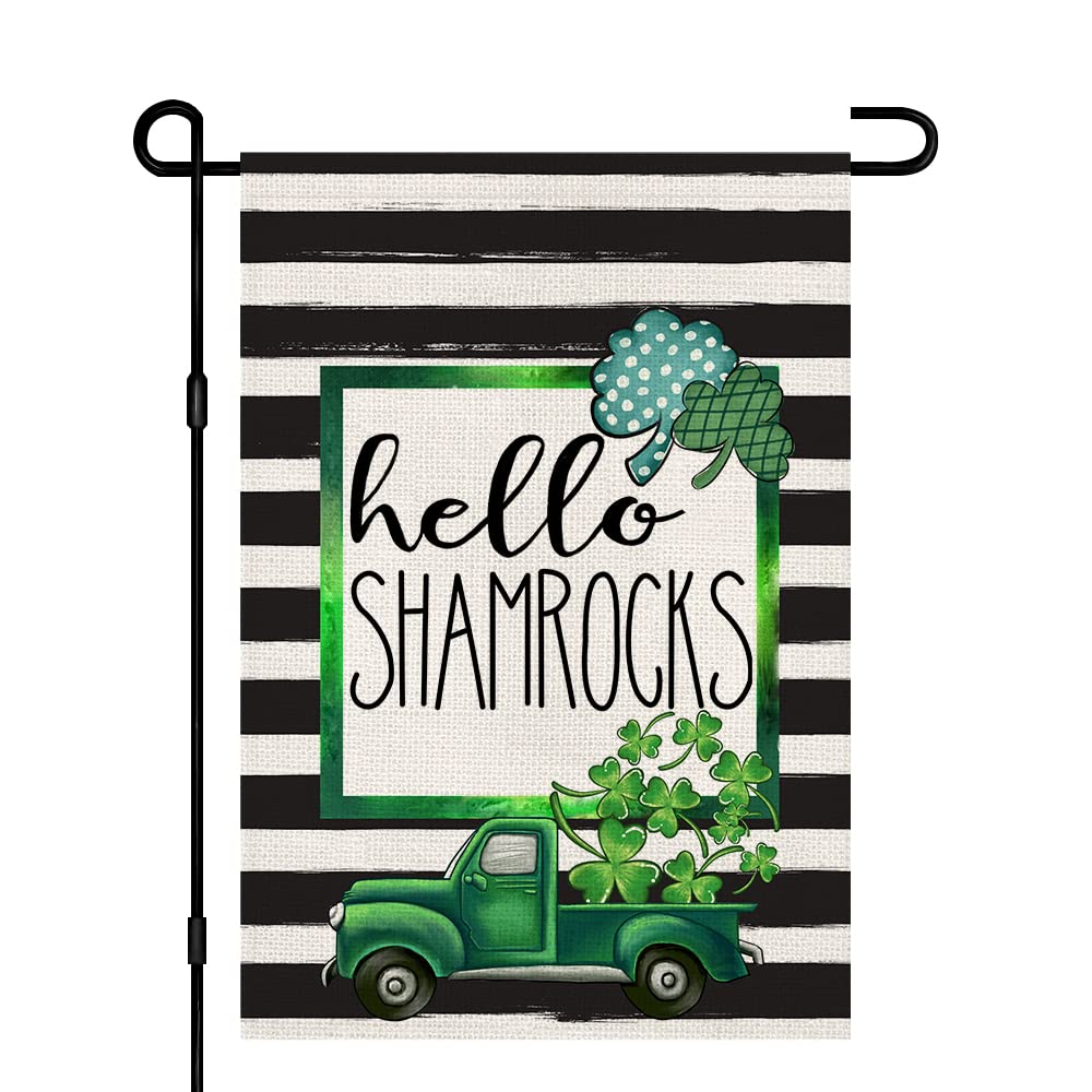 Hello Shamrocks St Patricks Day Garden Flag 12x18 Inch Burlap Double Sided Green Lucky 17 March Yard Outdoor Decor DF207