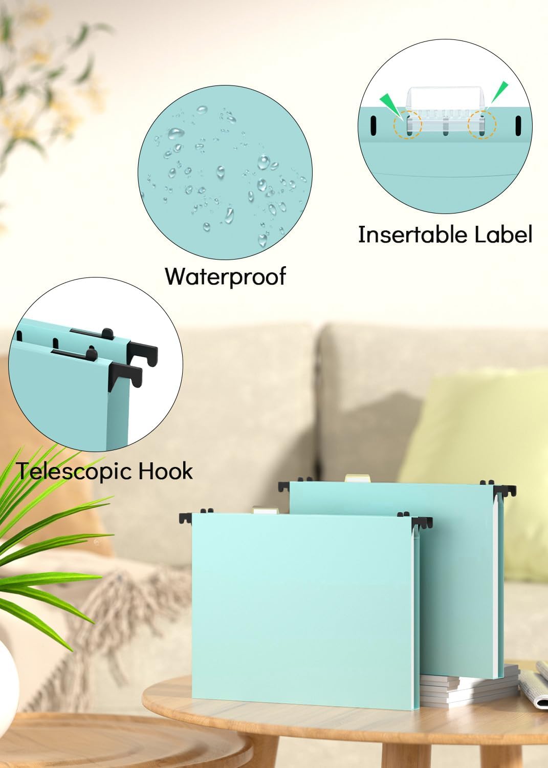 Extra Capacity Plastic Hanging File Folder, 12 Pack Reinforced Hang Folders Letter Size, Heavy Duty 1 Inch Expansion Filing Cabinet Folders, for Bulk Files, Medical Charts, Haze Blue