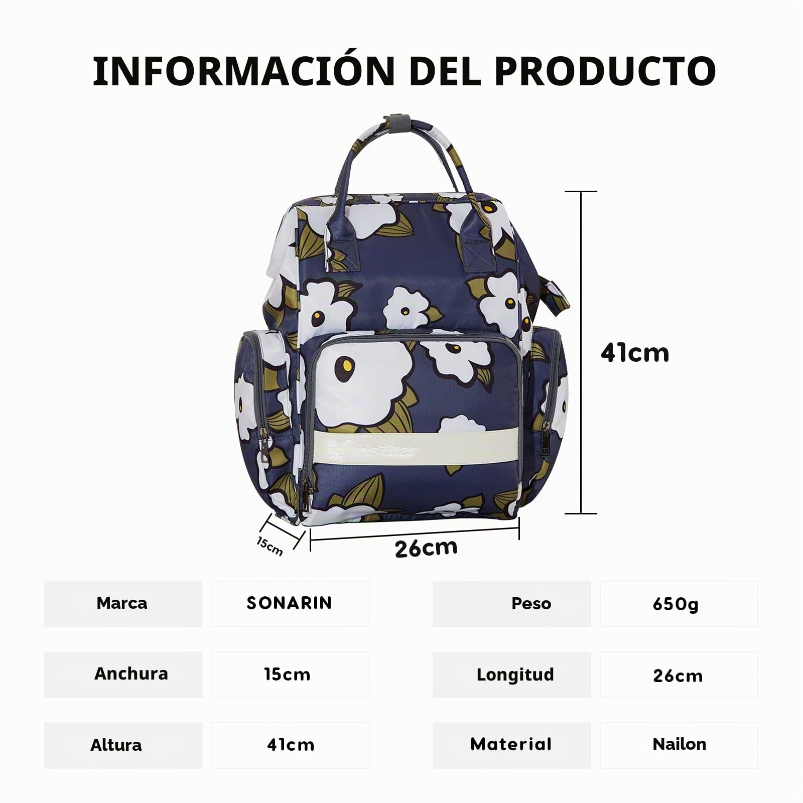 SONARIN Multifuncional Impermeable Mochila de Pañales para Bebé,Gran Capacidad Bolsa de Pañales Bolso Cambiador Bolsa para Pañales de Viaje con Cambiador & Ganchos Carrito Bebé(Flores)