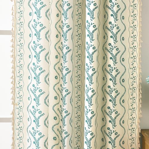 Image of Boho Curtains 72 Inch Long for Living Room, Bedroom, Turquoise White 2 Panels Floral Farmhouse Vintage Tassel Semi Sheer Light Filtering Privacy Window Curtain Drapes with Rod Pocket