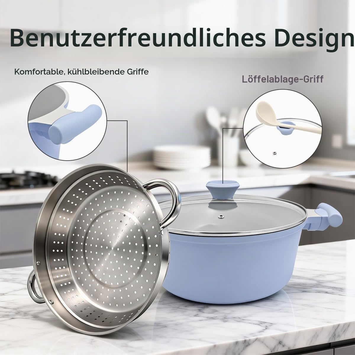 Kochtopf 28cm mit Dampfkorb, 7L Keramik-Dampfkochtopf mit Deckel- Blau