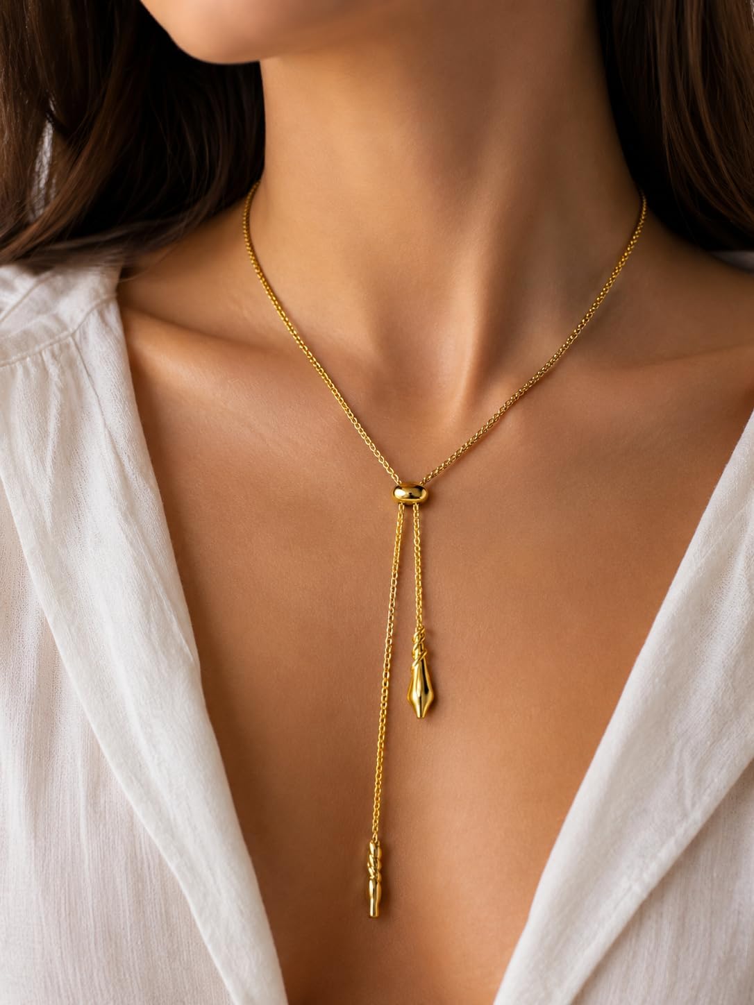 Adjustable Slider Lariat Necklace for Women, Gold Y Necklace with Movable Bead, Customizable Drop Length Necklace, Minimalist Statement Jewellery, Gift for Her