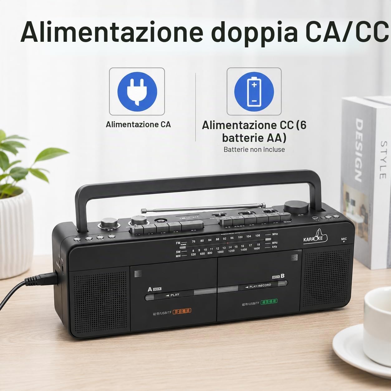 Registratore a doppia cassetta | Radio FM/SW/MW e lettore MP3 | Riproduzione di schede USB/TF con registrazione one-touch