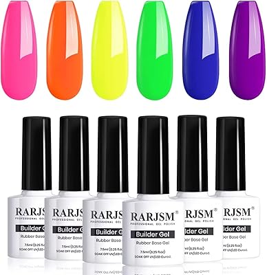 RARJSM Rubber Base Gel for Nails,Neon Gel Nail Polish Set,Neon Orange Green Blue Purple Yellow Rose Red Builder Base Gel in a Bottle Extension Gel Bright Summer Colors LED UV Cured Home Salon DIY