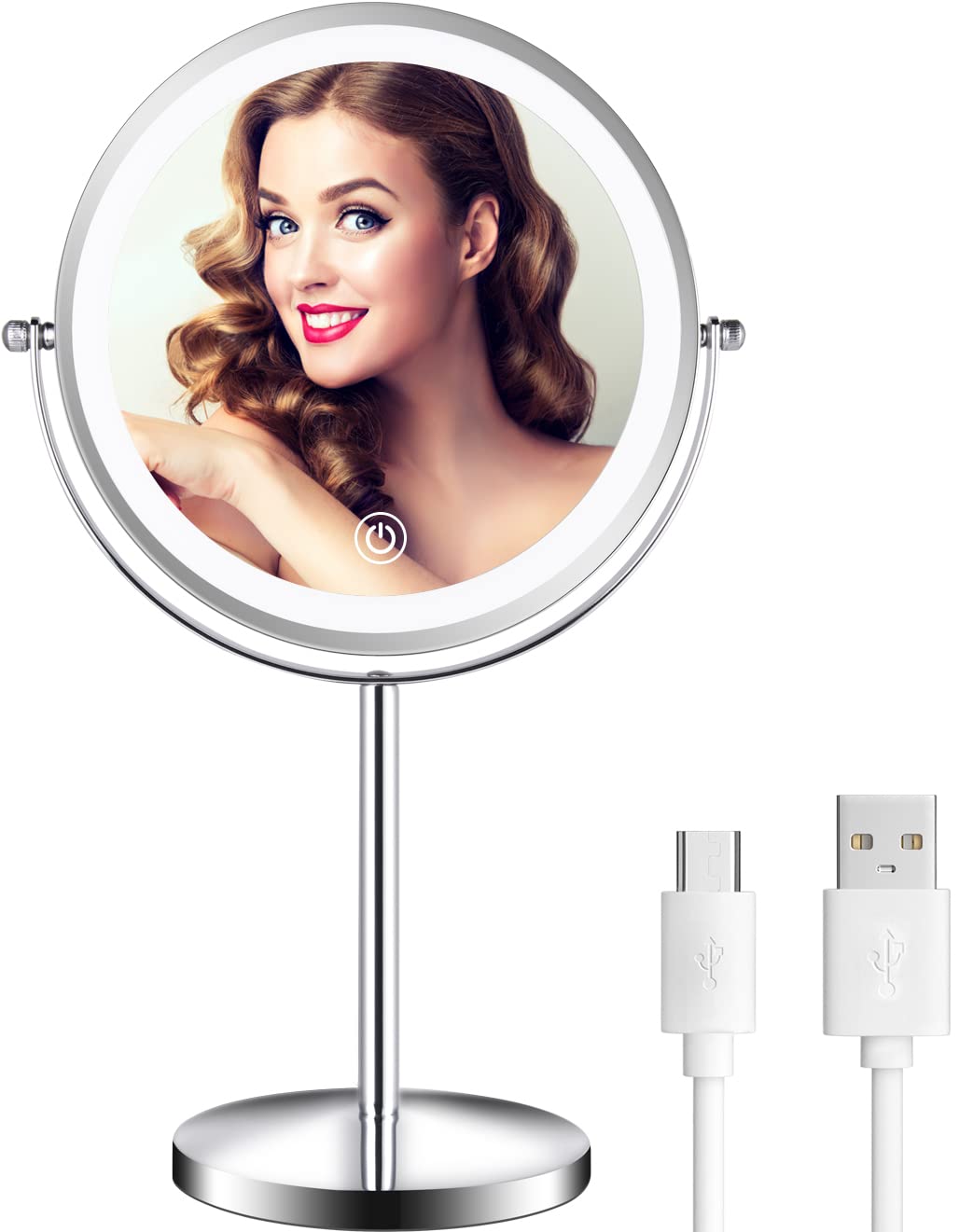 ALHAKIN8 Inch Rechargeable Lighted Makeup Mirror, 1X/10X Magnifying Mirror with Light, Makeup Mirror with 3 Color Lights, Double Sided Desk Light up Mirror, Chrome