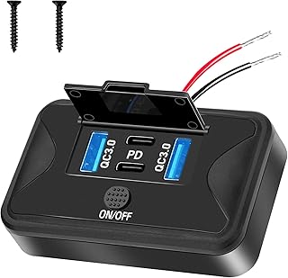 4-Port Upgraded 12V USB Socket with Push Button Switch 12V Waterproof Faceplate (Wall Mount), 18W Dual QC3.0 USB Ports and...