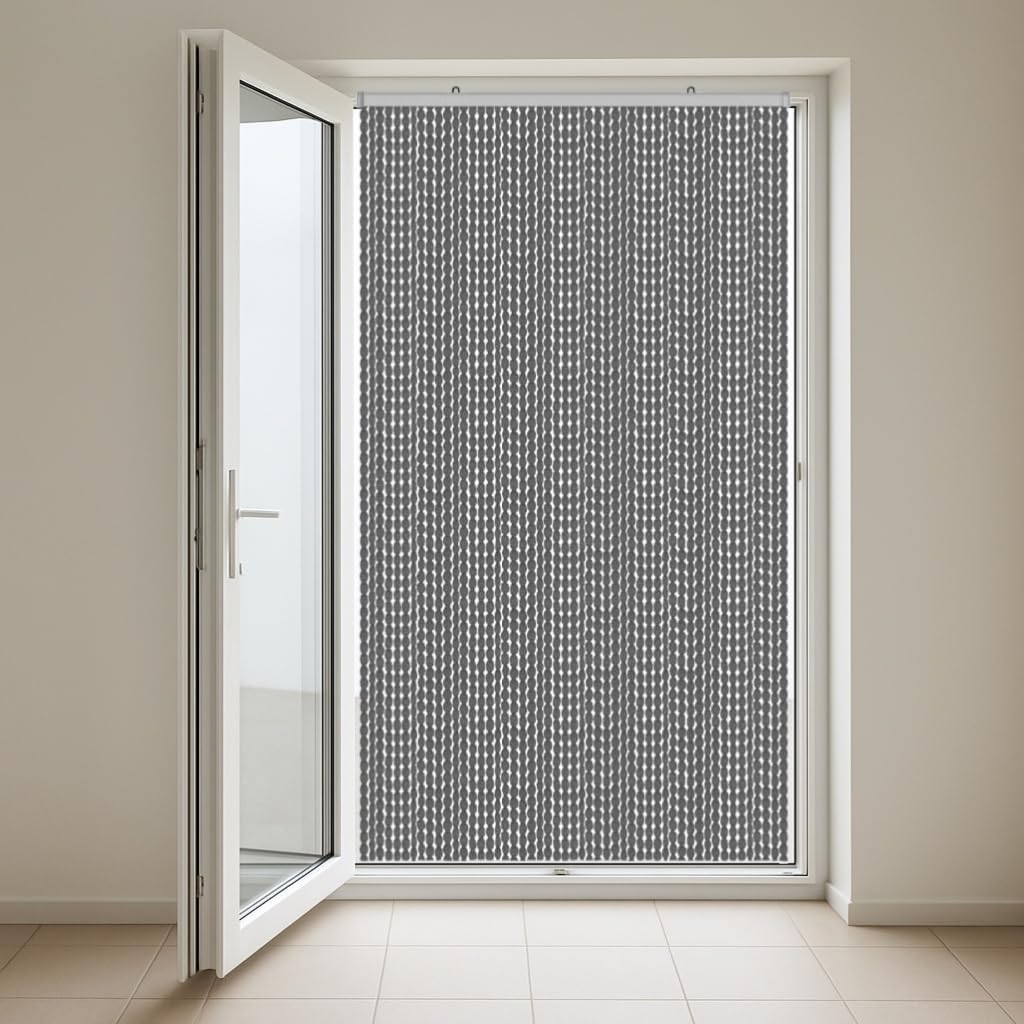 Generico Tenda Antimosche a Fili Regolabili con Pallini Morbidi a Pon Pon - Antitumore, Divisorio per Porte e Finestre con Telaio in PVC Viti e Tasselli Inclusi (GRIGIO, 100X220)