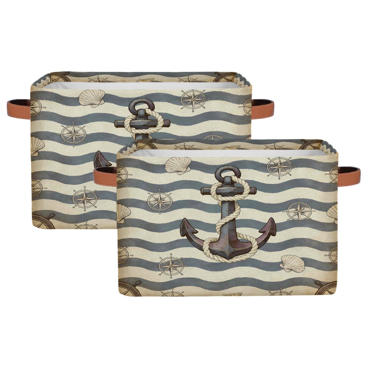 Rechteckiger Aufbewahrungskorb mit Ledergriffen, Vintage-Stil, Anker-Muschelmuster, 2 Stück, faltbarer Stoff-Aufbewahrungskorb für Schrank, Badezimmer, Wohnzimmer, Büro, Spielzeug, Organizer