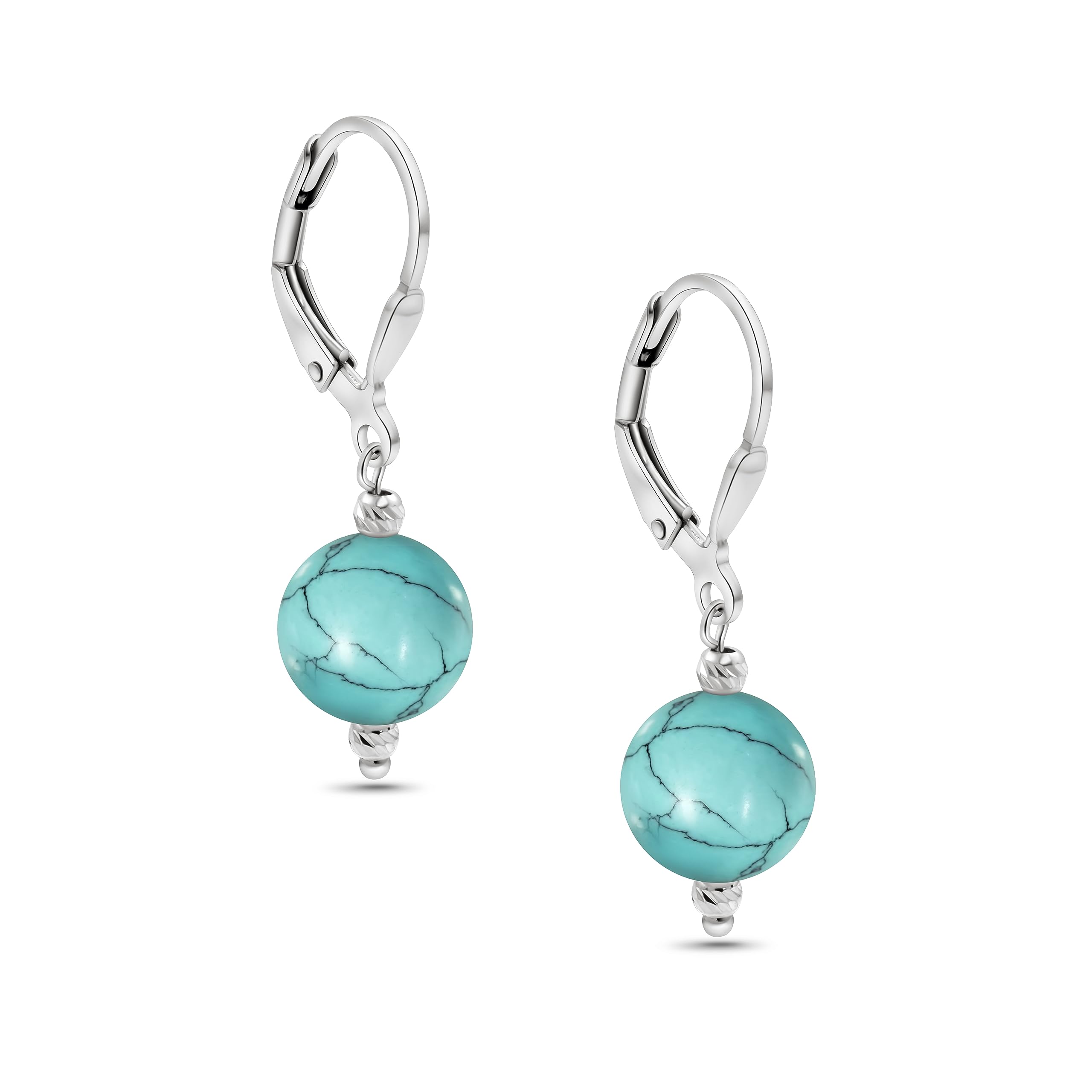 Turquoise Leverback Earrings in 925 Sterling Silver - Dangle Drop Earrings for Women - December Birthstone 10mm Bead Vintage Style Gemstone - Handmade Jewelry Gift for Women