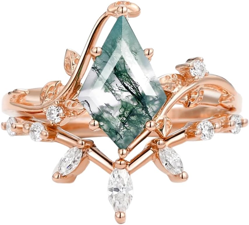 925 Sterling Silver 10K 14K 18K Gold Natural Moss Agate Engagement Ring Sets for Women 1.5CT Kite Cut Leaf Moss Agate Wedding Ring Sets with Moissanite